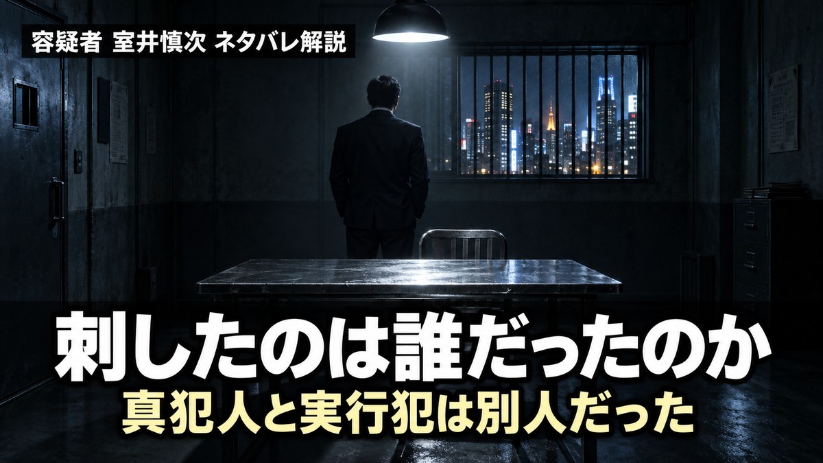 「映画『容疑者 室井慎次』ネタバレ解説記事のアイキャッチ画像。夜の取調室に一人で立つ男性の後ろ姿と『刺したのは誰だったのか』『真犯人と実行犯は別人だった』のコピー」