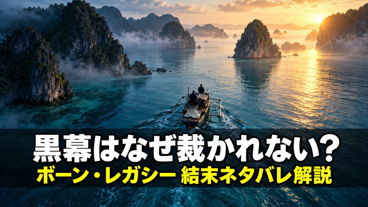 ボーン・レガシーのネタバレ解説記事のアイキャッチ画像。夜明けの青い海を進む小さな漁船の遠景に「黒幕はなぜ裁かれない？」「ボーン・レガシー 結末ネタバレ解説」のコピー